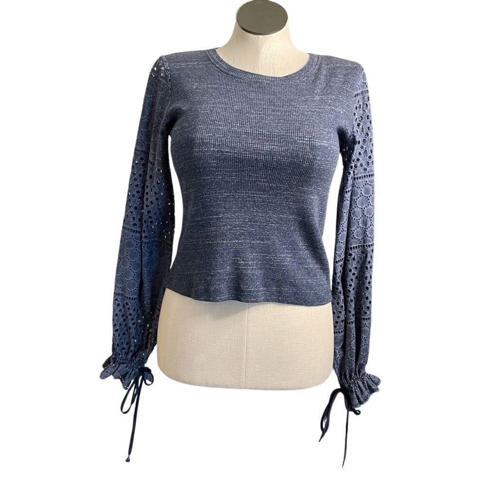 See By Chloe Womens Cotton Blouse S Blue Marled Eyelet Bell Sleeves Scoopneck